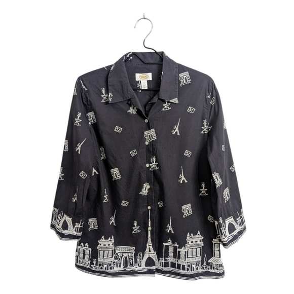 Talbots Black Paris Theme Novelty Print Button Down Shirt 3/4 Sleeve Cotton 8 - Picture 1 of 8